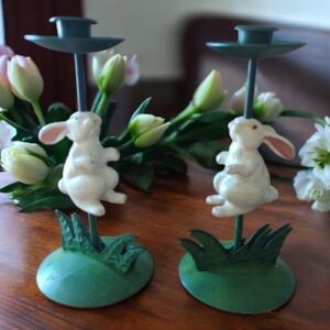 Set Of 2 Metal Painted Rabbit Candlesticks